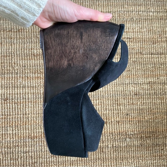 SOLD Loeffler Randall x Suno Black Suede Wedge Sandals Wooden Heel Leather - Picture 10 of 11
